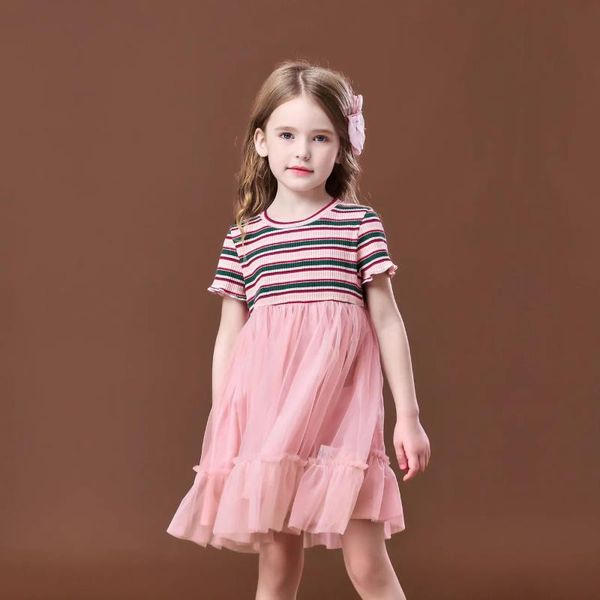 

2-7y kids girl dress summer short-sleeved fluffy gauze striped fashion casual clothes baby child princess girl's dresses, Red;yellow