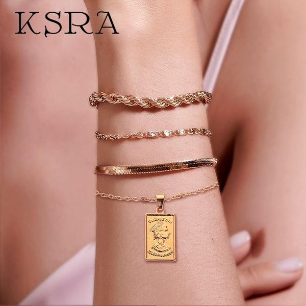

pcs vintage snake chain bracelet for women twist portrait pendant bracelets female statement jewelry 2021 charm, Golden;silver