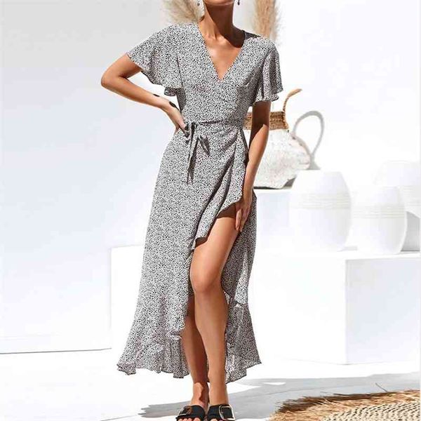 

vintage bohemia waist controlled long beach dress women dots maxi dress holiday high slit v neck short sleeve dresses qh2076 210518, Black;gray