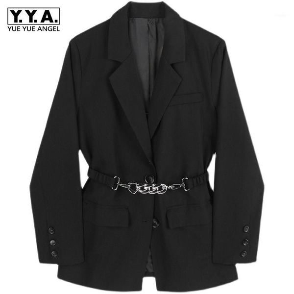 

black elegant blazers office lady lapel single-breasted metal sashes three buttons suit jacket women solid mid-length outerwear women's, White;black