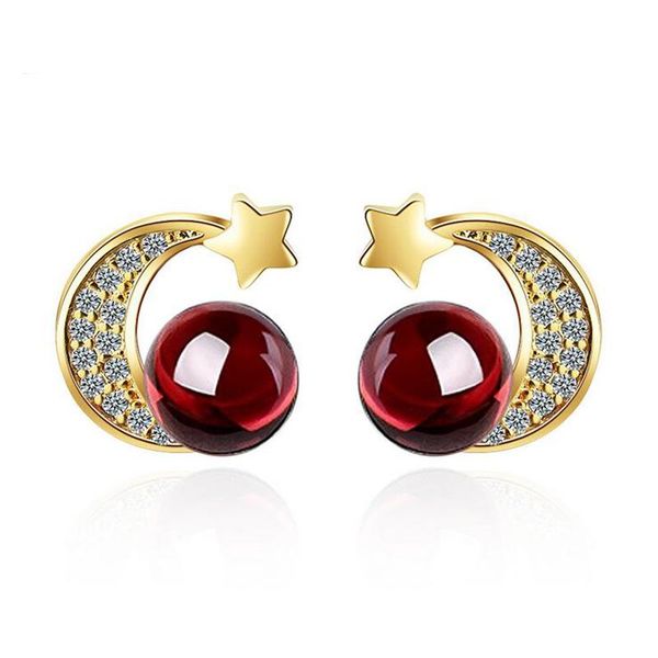 

stud fashion gold color cute star moon red garnet clear zircon earring for women girls lady simple sweet party gift jewelry, Golden;silver