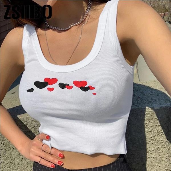 

heart pattern sleeveless tank y2k fashion summer straped white crop kawaii outfits cute vest clothes vintage streetwear women's t-shir