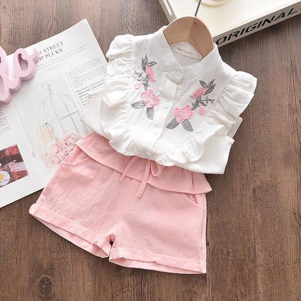 

summer style childrens clothing girls embroidered sleeveless shirt shorts two piece girl suit, White