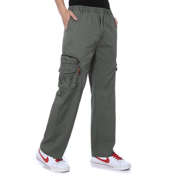 

men casual cargo pants army green black beige cotton trousers male side baggy pockets design elastic band waist streetwear man