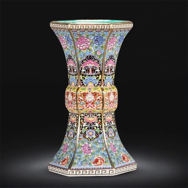 Enamel Qianlong Год Цин Dinasty Golden Hexagonal Vase Antique Farceloin Collection 210913