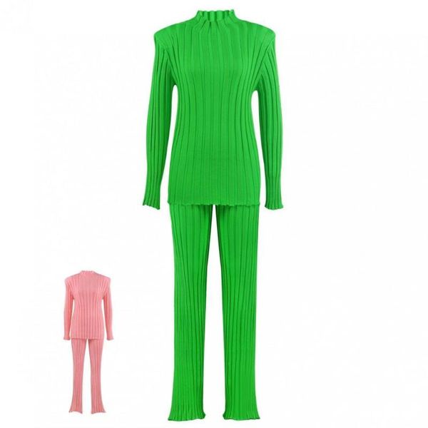 

gym clothing vintage women outfit ribbed skin-friendly shoulder pad sweater trousers set knitted pants, White;black