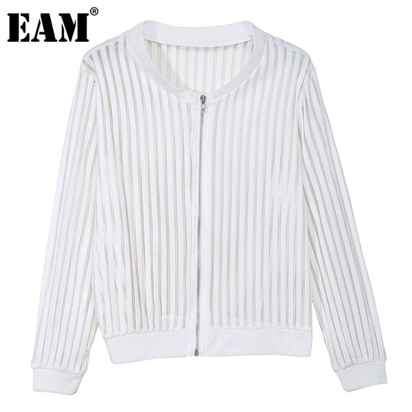

[eam] loose fit white hollow out striped jacket round neck long sleeve women coat fashion spring summer 1dd6978 210512, Black;brown