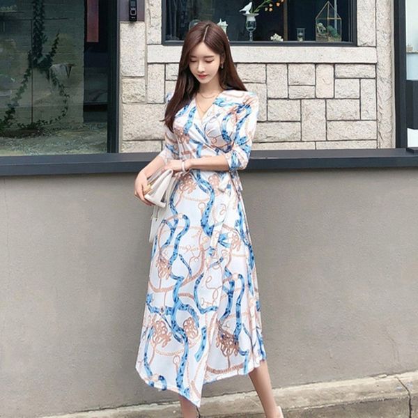 

women three quarter sleeve pencil dress autumn office lady v-neck printing work wear dress fashion a-line cross dress 210514, Black;gray