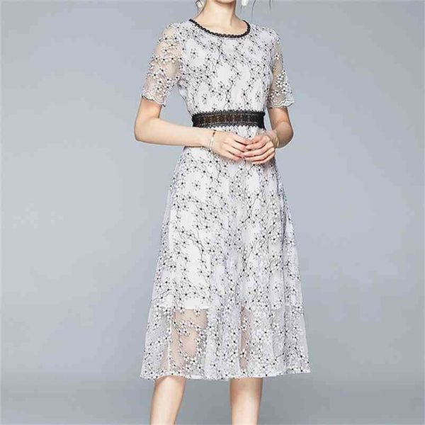 

runway women lace party dress summer short sleeve crochet hollow out ruffles holiday party 210603, Black;gray