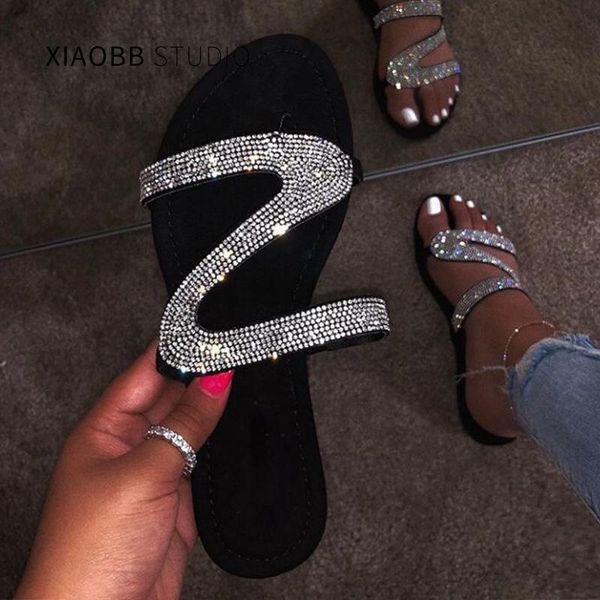

casual style rhinestone sandals beach summer roman slipper comfortable flat large size slippers fashioni, Black