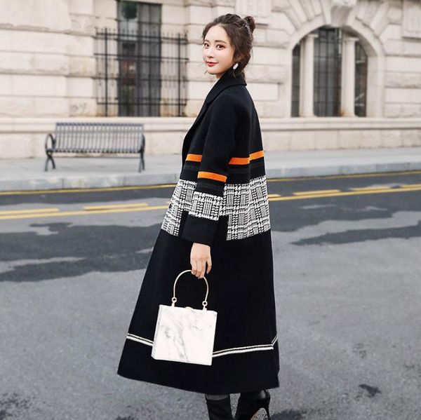 

women's wool & blends 2021 striped spliced long coat women winter jacket v-neck single breasted qualities, Black