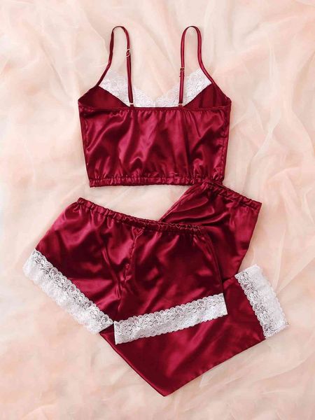 

hair style fun two piece black home fashion comfortable lace pajama suit, Red;black