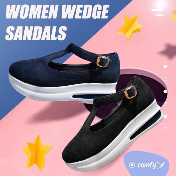 

sandals 2021 summer women's fashion wedge platform buckle strap ladies casual solid beach shoes temperament, Black
