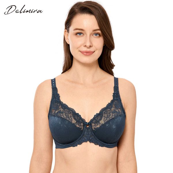 DELIMIRA Donna Sexy Beauty Reggiseno di pizzo Plus Size Reggiseni Minimizer non imbottiti Figura intera Reggiseno con ferretto 210623