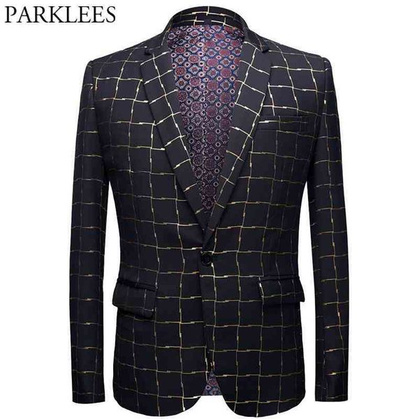 

gold plaid check bronzing luxury blazer jacket men slim fit one button tuxedo suit blazer male party stage wedding blazer hombre 210522, White;black