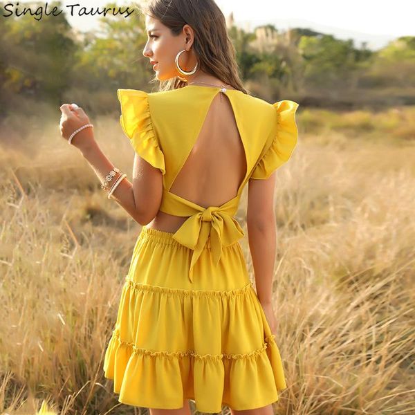 

piece set summer mini dress woman v neck ruffles sleeve yellow vestidos de fiesta vacation skirt clothes two, White