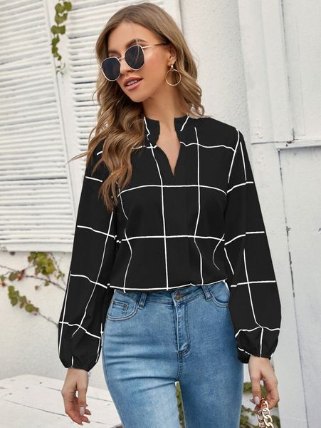

windowpane plaid notched neck blouse y5ty#, White