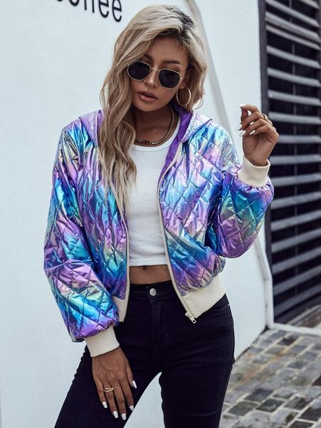 

x belinda holographic zip up hooded metallic quilted coat e8o9#, Black