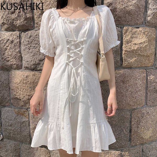 

korean cross bandage slim waist woman dress puff short sleve square collar vestidos femme summer sweet dresses 6g264 210603, Black;gray