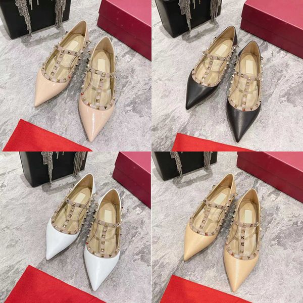 

rivets women dress shoes pointed toe cowskin leather flat heel t-strap soft spring lady designer loafers with box, Black