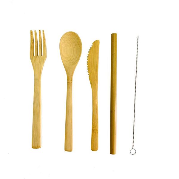 

dinnerware sets 5pcs portable bamboo flatware set include 20cm spoon fork knife straw and cleaning brush wooden cutlery natural
