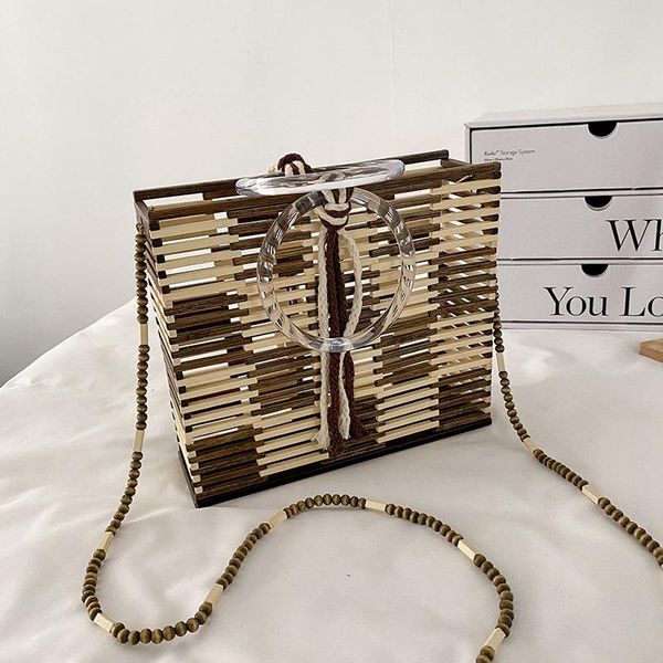 

cross body handmade woven handbag wooden bead chain shoulder bags casual crossbody straw bag fashion hit color bamboo summer