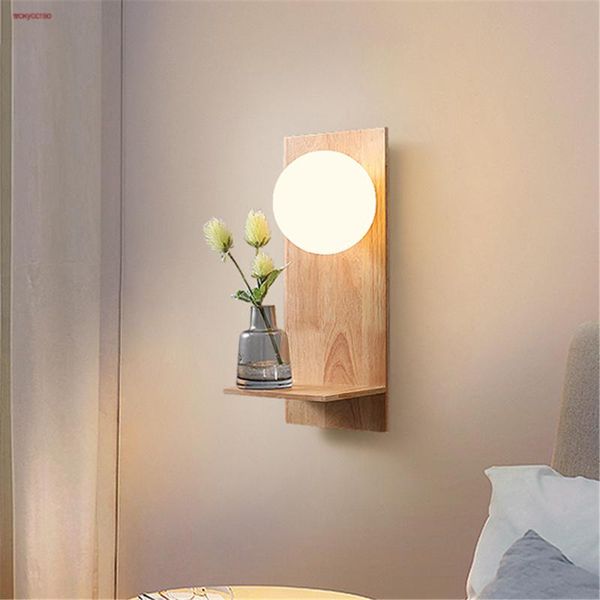 

japanese style solid wood shelf glass ball led wall lamp for living room study minimalism home deco nightstand light fixtures