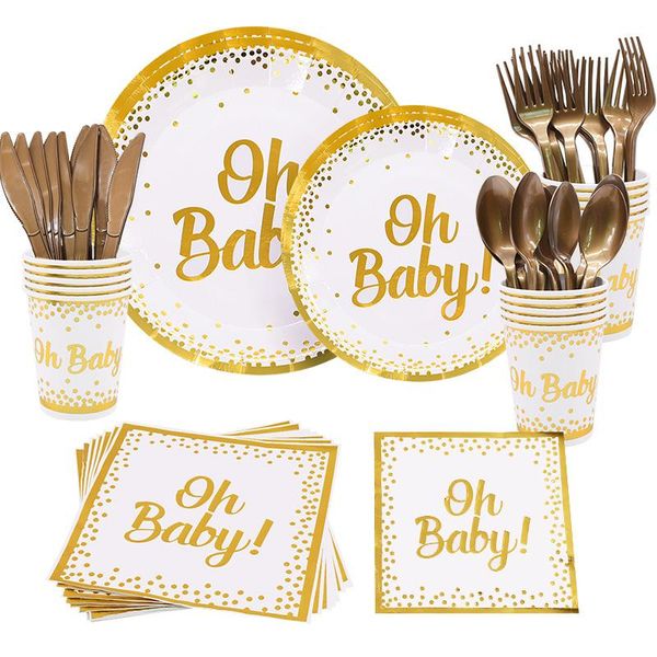 

disposable dinnerware 10pcs/set oh baby gold tableware bronzing dot plate cups napkin set birthday party decor shower supply