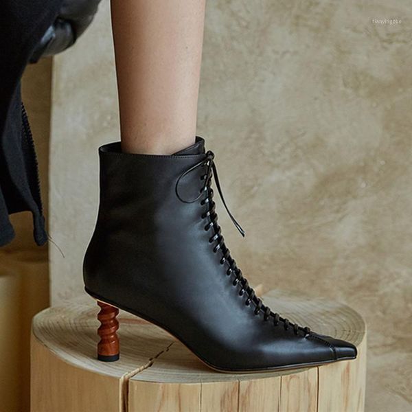 

boots sweet women ankle cross tied genuine leather shoes woman pointed toe high heels wedding dancing1, Black