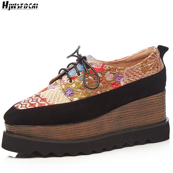 

boots hjwsfdcai genuine leather embroidery platform women shoes square toe wedges ladies lace-up ankle ethnic zapatos de mujer, Black