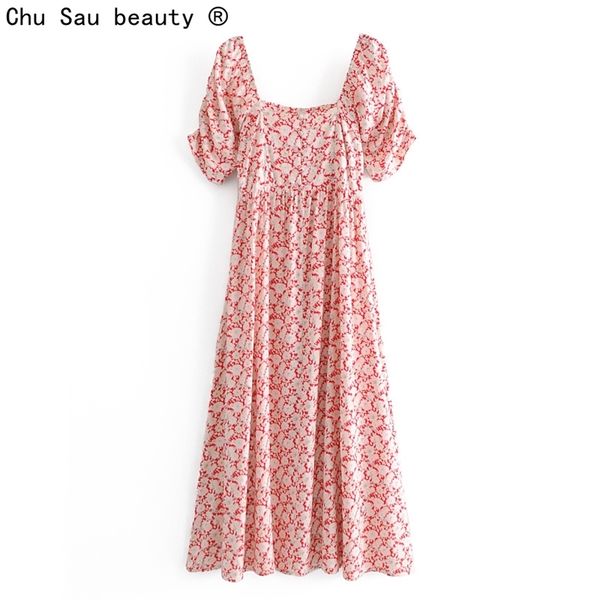 

summer french vintage square collar printed buttoned puff sleeve slash neck dress long skirt boho style female fashion 210508, Black;gray