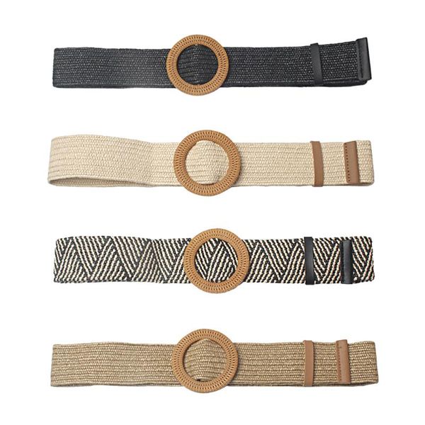 

belts vintage braided straw waistband causal with round wooden buckle dress, Black;brown