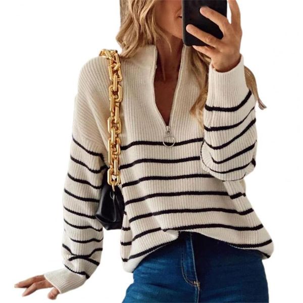 

women's sweaters women sweater striped zipper v neck autumn winter contrast color casual knitted pullover for daily streetwear, White;black