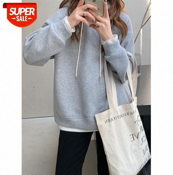 

tg pullover hooded sweater women casual long-sleeved plus velvet fake two-piece blouse thickness 13116 #6i9b, Black;gray