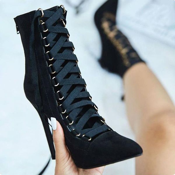 

boots pink high heels autumn for women fashion lace up pointed toe ankle black heel botas feminina