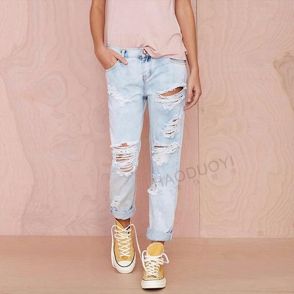 

ripped denim loose womens jean cargo pants boyfriend style, Blue