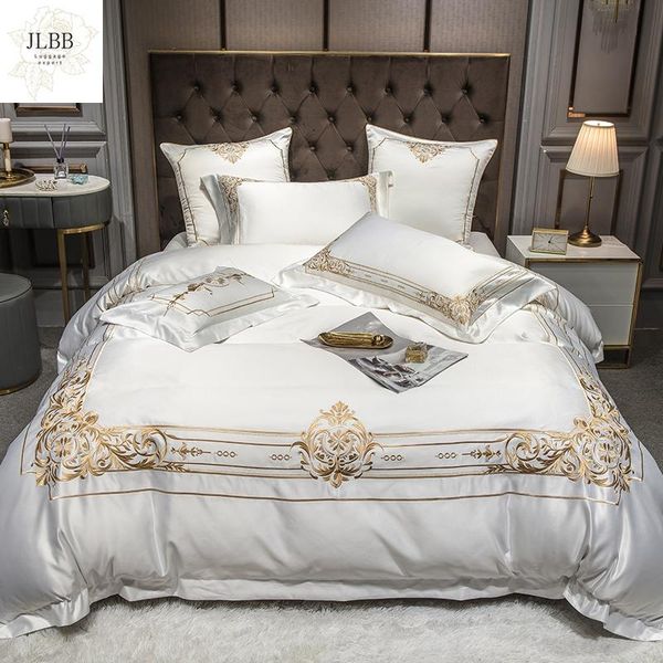 

bedding sets white european satin silk cotton embroidery set double duvet cover bed linen fitted sheet pillowcases home textile