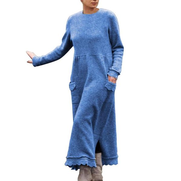 

casual dresses 2021 fashion women round neck long sleeve pullover lace loose large size dress solid color plus women's clothing, Black;gray