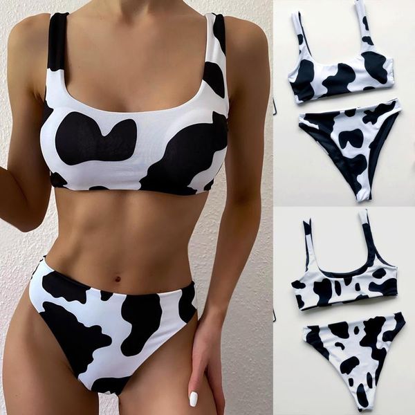 

women's swimwear summer high breast contrast cow print tube split bikini set ladies two pieces swimsuit swimming #py, White;black
