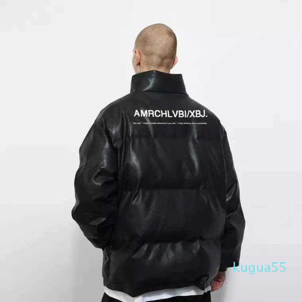 

2020 winter new thickened pu leather tide brand stand collar loose bread clothes cotton padded, Black