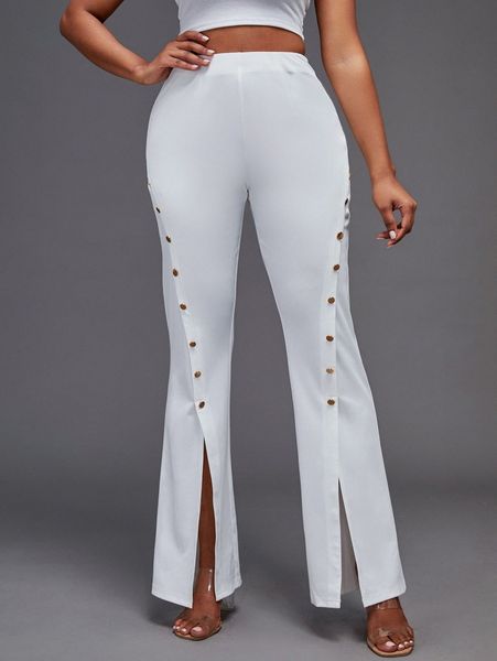

sxy button decor split hem flare leg pants 326r#, Black;white