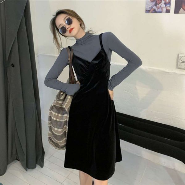 

small women's dress with suspender korean velvet french, Black;gray