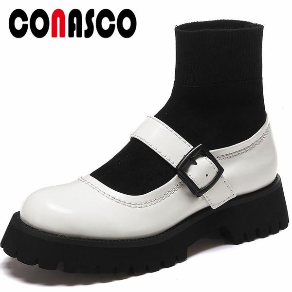 

boots conasco retro brand women ankle autumn winter warm cow leather party basic prom office sweet flatforms shoes woman, Black