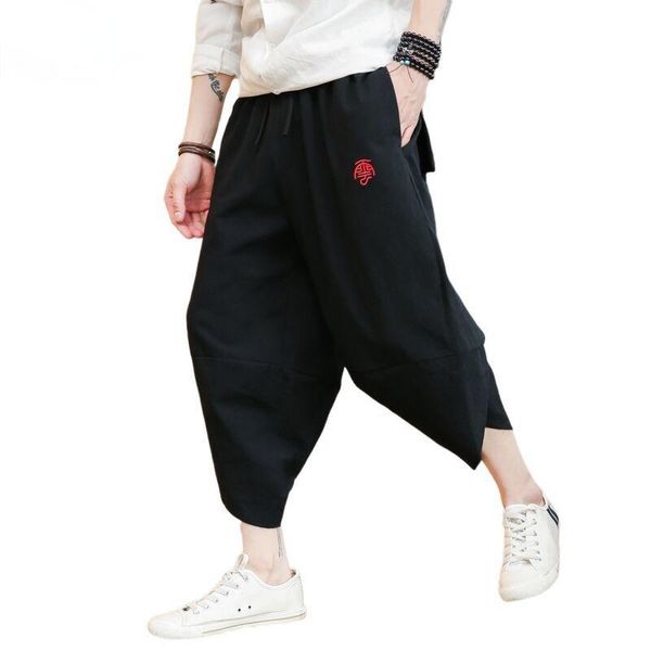 

men's pants 2021 summer classic japanese style loose harem chinese embroidered youth elastic waist fashion cotton cropped pant, Black