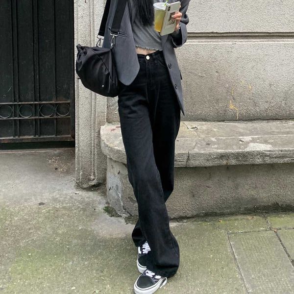 

high waisted psh basic black grey floor down straight jeans women's 2021 spring korean loose and thin daddy pants, Blue