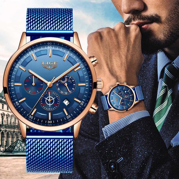 

lige mens watches male fashion brand luxury stainless steel blue quartz watch men casual sport waterproof watch relojes 210527, Slivery;brown