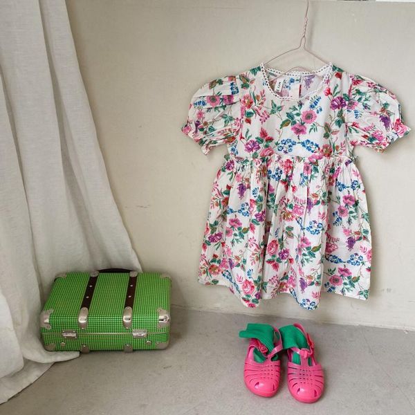 

girl's dresses children kid girl fashion clothes loose cotton princess dress summer toddler cute rose print short sleeve, Red;yellow