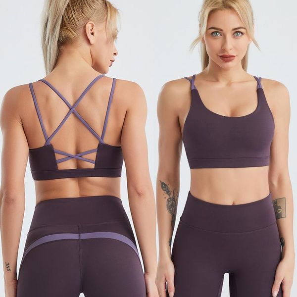 

ladies'workout bra women breathable sports fitness plain color front cross side lace underwear full cup vest yoga outfit