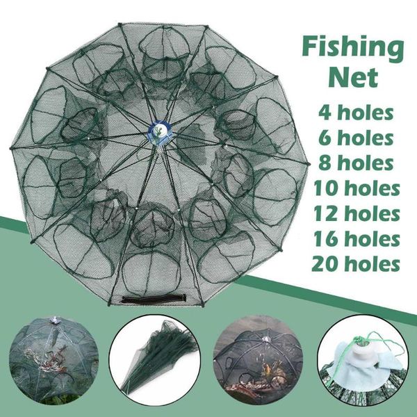 

strengthened 4-20 holes automatic fishing net shrimp cage nylon foldable crab fish trap cast folding network accessories