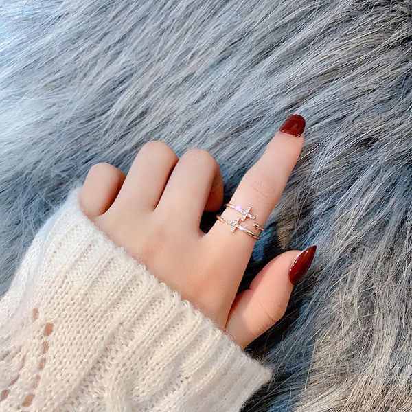 

wedding rings the listing jewellery real double cross crystal versatile jewelry pearl female bridal ring for women girls, Slivery;golden